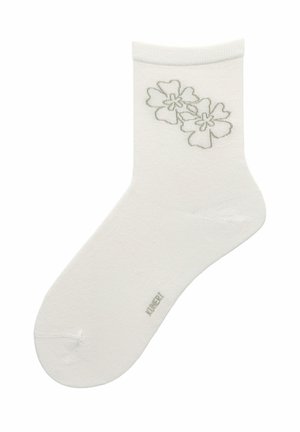 Weißer Knöchelsocken mit zwei gestickten grauen Blumen nahe der Manschette und einem kleinen grauen Markenlogo am Fuß.