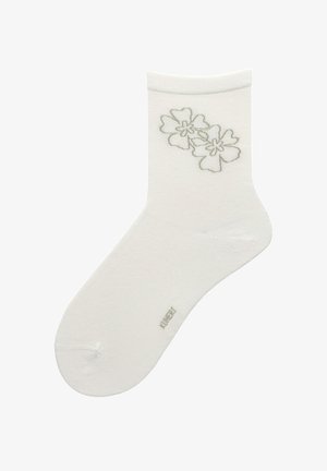 Weißer Knöchelsocken mit zwei gestickten grauen Blumen nahe der Manschette und einem kleinen grauen Markenlogo am Fuß.