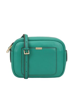 Tealfarbenes Leder-Crossbody-Bag mit rechteckiger Form, goldenen Hardware-Akzenten und einem verstellbaren Trageriemen. Verfügt über eine Rückentasche und glatte Textur.