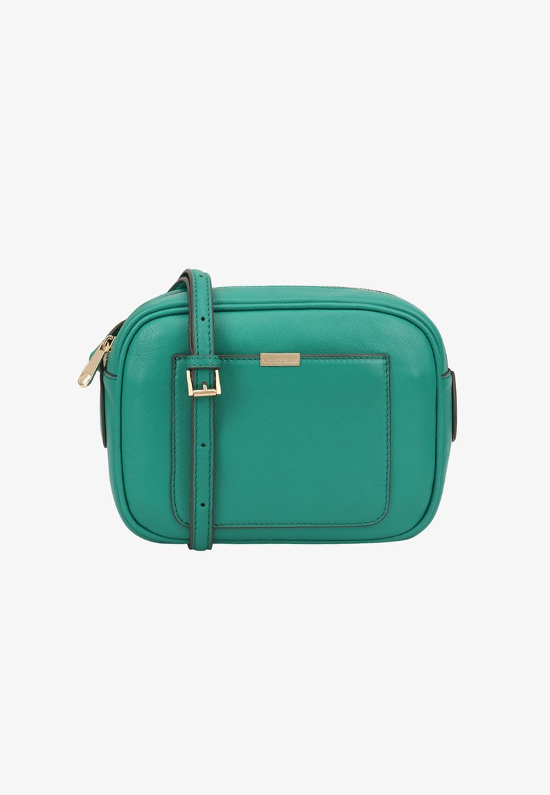 Teal leren schoudertas met een rechthoekige vorm, gouden hardware accenten en een verstelbare schouderriem. Beschikt over een achterzak en een gladde textuur.