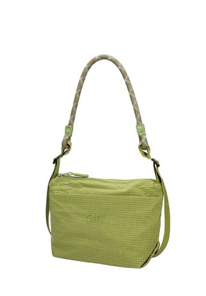Sac à bandoulière rectangulaire vert clair avec poignée en corde texturée et fermeture éclair, avec logo embossé "GMV" sur le devant.