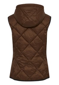 Gilet matelassé marron avec une capuche, présentant des motifs en losanges et un design élégant et léger. Bord noir le long du bas.