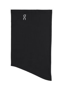 Black neck gaiter made of soft, flexible material. Features an angled cut, top stitching, and a small white logo on the upper left corner.