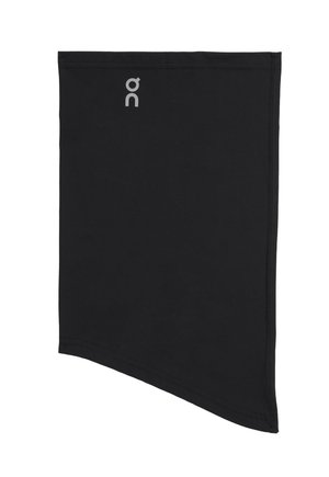Black neck gaiter made of soft, flexible material. Features an angled cut, top stitching, and a small white logo on the upper left corner.