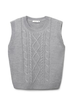 Szary bezrękawnik z dzianiny z fakturą w warkocze, okrągłym dekoltem i prążkowanymi krawędziami. Miękka faktura i luźny krój.