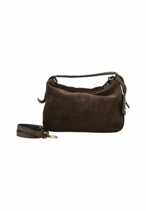 Borsa a spalla in suede marrone con manico corto e tracolla lunga removibile, chiusura a zip e dettagli in metallo.
