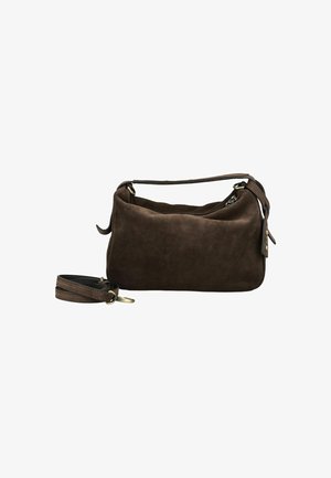 Borsa a spalla in suede marrone con manico corto e tracolla lunga removibile, chiusura a zip e dettagli in metallo.