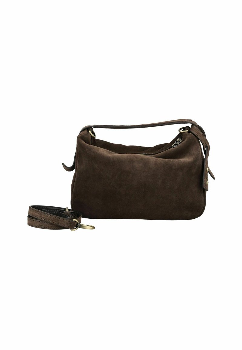 Bolso de hombro de ante marrón con asa corta y correa larga desmontable, cierre de cremallera y detalles en metal.