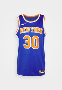 Koszulka do koszykówki New York Knicks, niebieska z pomarańczowymi akcentami, z dużym napisem "NEW YORK" oraz numerem "30". Materiał z siateczki, bez rękawów.