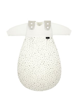 Cotton sleep bag with long sleeves. White top with two gray buttons and a dotted gray pattern on the bottom half, rounded shape, soft texture.