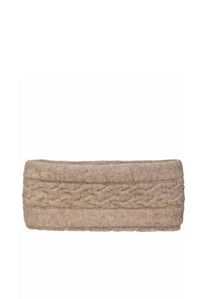 Beige knitted headband with a cable knit pattern and ribbed edges, designed for warmth and comfort.