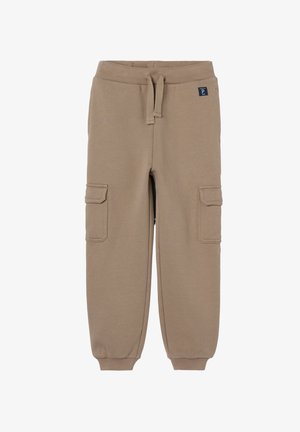 Beige hameet, jossa on joustava vyötärö, naru ja ribattu lahje, kahdella sivutaskulla ja logo-patch vyötäröllä.