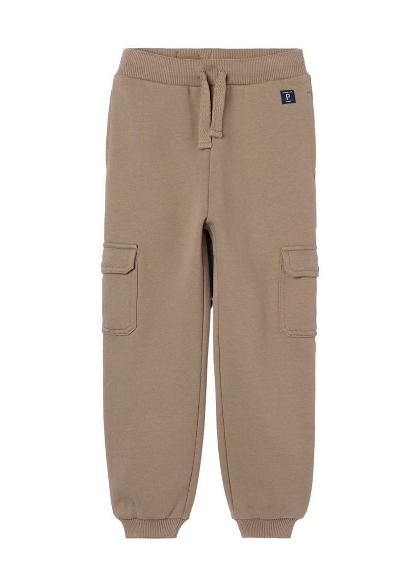 Beige cargo bukser med elastisk talje, snoretræk og ribbestrikkede manchetter, med to sidelommer og et logo-patch på taljen.