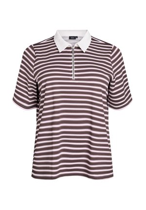 Polo de manga corta a rayas marrones y rosas con collar con cremallera, con un corte relajado y una textura suave.
