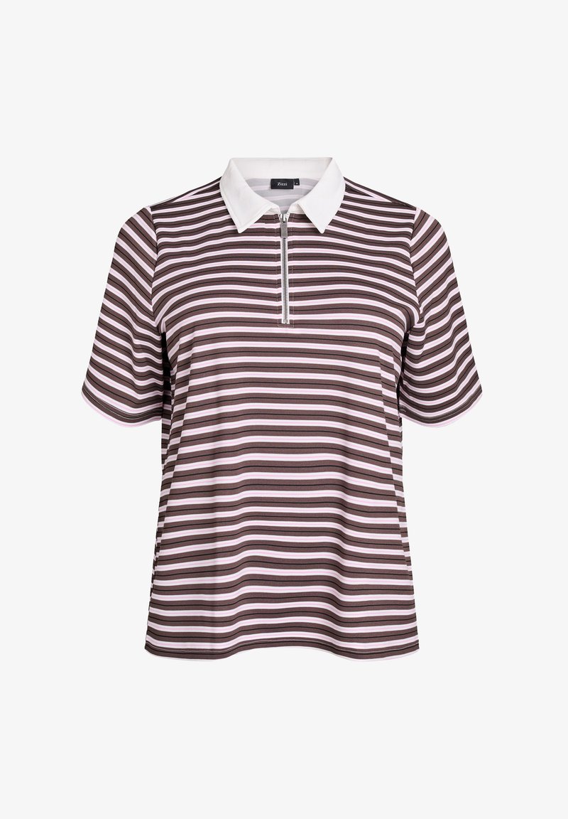 Raitapaita, jossa on ruskeat ja vaaleanpunaiset raidat, lyhyet hihat ja vetoketjukaulus. Paida on rentoa mitoitusta ja sileää materiaalia.