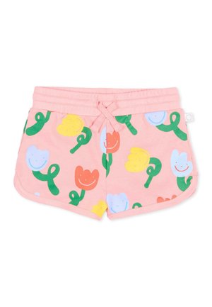 Pantaloncini rosa per bambini con vita con coulisse e motivo colorato di fiori rossi, gialli e blu sorridenti con gambi verdi.