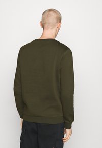Felpa verde oliva con collo rotondo, maniche lunghe e polsini a coste. Realizzata in un tessuto morbido con una texture liscia, con dettagli minimi.