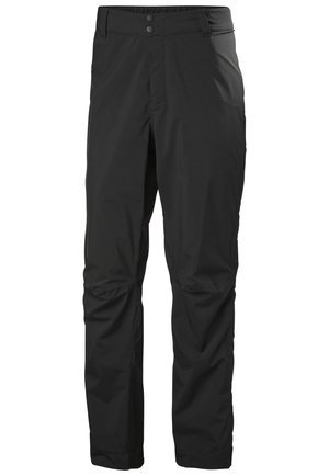 Black waterproof pants with a straight leg design, two buttons at the waist, and side pockets. Made of lightweight, smooth fabric.