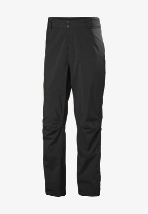 Black waterproof pants with a straight leg design, two buttons at the waist, and side pockets. Made of lightweight, smooth fabric.