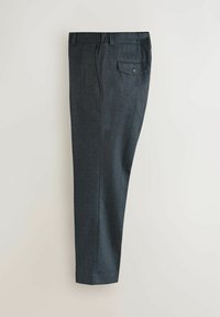 Dark gray tailored pants with a straight leg design, featuring a back pocket with a button closure and a smooth fabric texture.