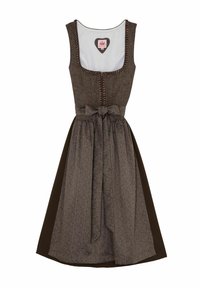 Bruine jurk tot op de vloer met een cinched taille, gestructureerde stof en een contrasterende donkerbruine rok; heeft een decoratieve knop en strik.