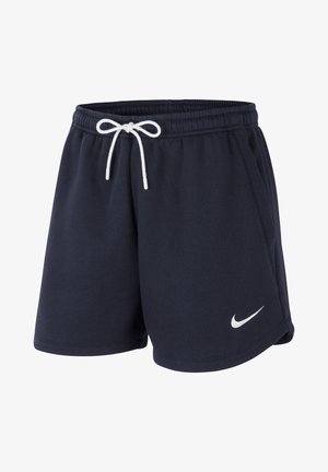 Pantalones cortos de algodón azul marino con cinturilla elástica y cordón blanco, con un logo de Nike blanco en la parte frontal.