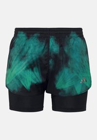Löparshorts med ett tie-dye-mönster i teal och svart, med en svart inre foder, elastisk midja och en subtilt varumärkeslogotyp.