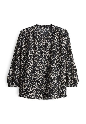 Blusa nera con un motivo astratto crema, caratterizzata da un scollo a V, chiusura con bottoni e maniche arricciate per una vestibilità rilassata. Tessuto testurizzato.