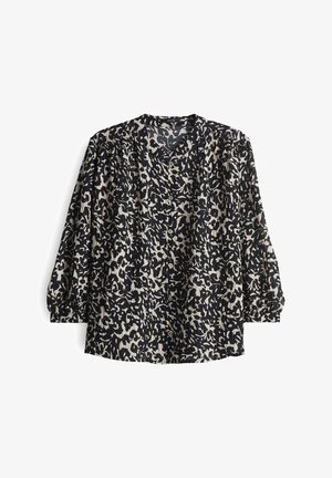 Schwarze Bluse mit einem cremefarbenen abstrakten Muster, V-Ausschnitt, Knopfverschluss vorne und gerafften Ärmeln für eine lockere Passform. Strukturierter Stoff.