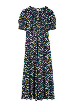 Robe midi bleu marine avec manches courtes bouffantes, encolure ronde, et motif floral coloré en rose, jaune, blanc et vert.