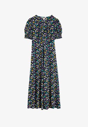 Navy blue midi dress with short puffed sleeves, round neckline, and colorful floral pattern in pink, yellow, white, and green.