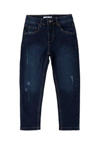 Donkerblauwe denim jeans met een slim fit, voorzien van distressed patches, vijf zakken en gele stiksels langs de naden en de tailleband.