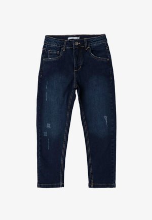 Ciemnoniebieskie dżinsy slim fit z przetarciami, pięcioma kieszeniami i żółtymi szwami wzdłuż szwów i pasa.