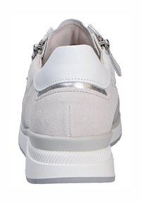 Light gray suede sneaker with a white leather heel, silver accent, and a textured rubber sole. Features a zipper detail on the side.