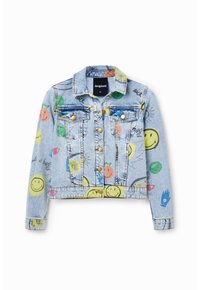 Ljusblå denimjacka med framfickor, prydd med färgglada smiley- och blomgrafik. Spänne framtill, kort design, guldaccenter.
