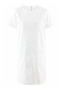 Kurzes, weißes Kleid aus Baumwolle. Verfügt über einen geraden Schnitt, zwei vordere Taschen und einen Reißverschluss auf der Rückseite.