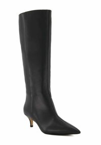 Black leather knee-high boot with pointed toe and narrow heel. Smooth texture, minimal detailing, and sleek silhouette.