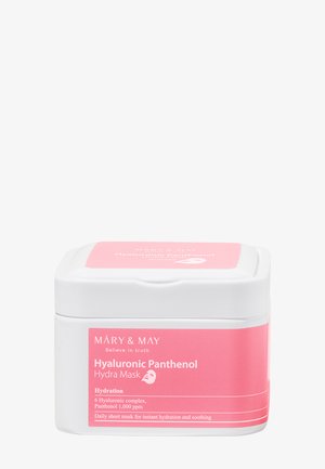 Hvid rektangulær beholder med pink label til Mary & May Hyaluronic Panthenol Hydra Mask til fugtgivende og beroligende hudpleje.