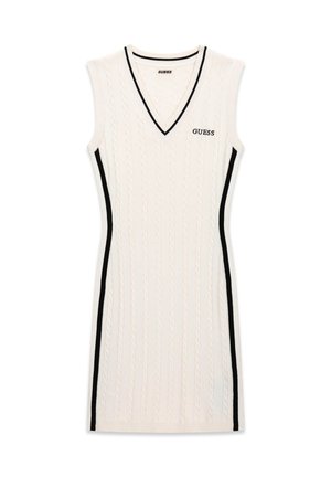 Mouwloze crèmekleurige gebreide jurk met kabelpatroon, V-hals, zwarte zijstrepen en het "GUESS"-logo op de borst.