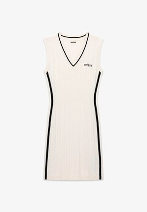 Ärmelloses cremefarbenes Strickkleid mit Zopfmuster, V-Ausschnitt, schwarzen Seitenstreifen und dem "GUESS"-Logo auf der Brust.