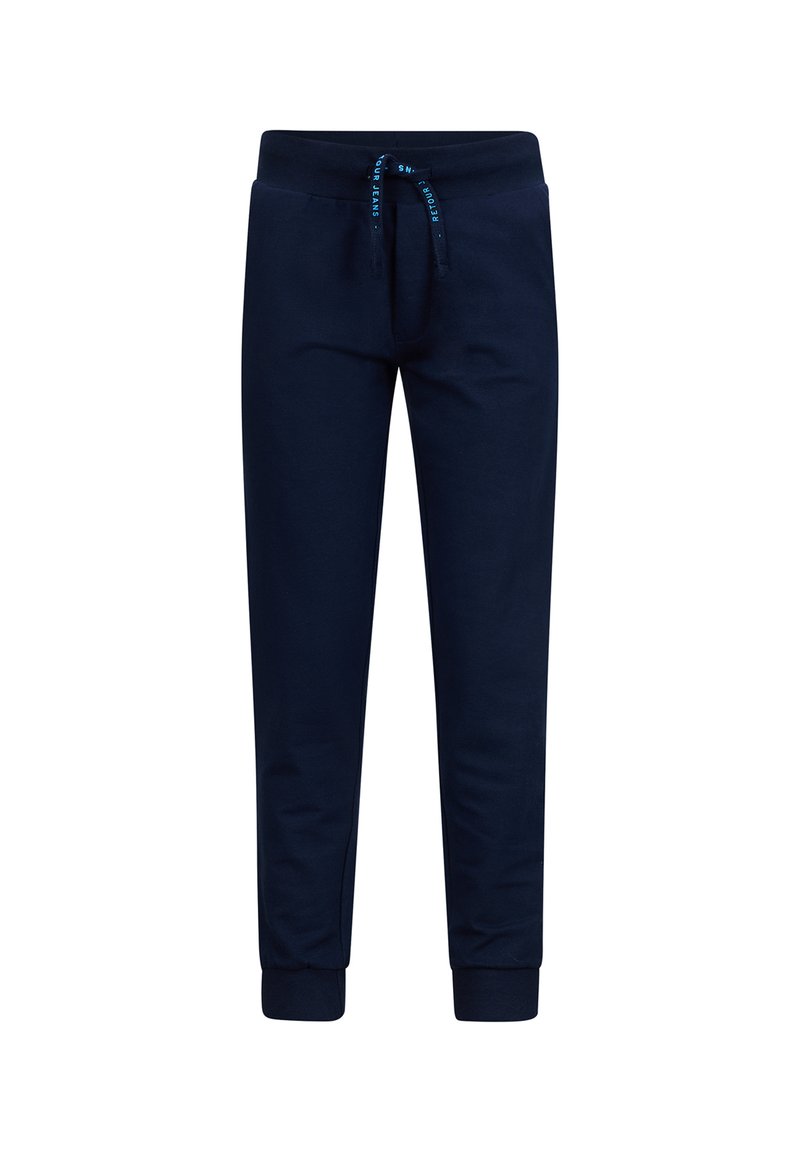 Dunkelblaue Jogginghose aus weichem Baumwollstoff, mit einem elastischen Bund und verstellbarem Kordelzug sowie gerippten Bündchen.