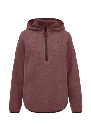 Lila Fleece-Kapuzensweatshirt mit halbhohem Reißverschluss vorne, langen Ärmeln und kleinem gesticktem Logo auf der Brust.