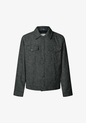 Szary, teksturowany żakiet z kołnierzykiem, dwoma przednimi kieszeniami i zapięciem na guziki. Wykonany z tkaniny tkanej w wzór w kratę.