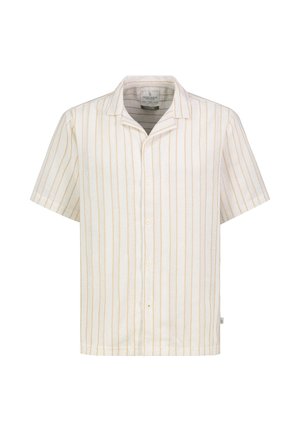 Weißes kurzärmeliges Hemd mit hellbraunen vertikalen Streifen und Camp-Kragen.