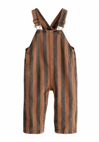 Brune og blåstribede denim overalls med justerbare skulderstropper, knapdetaljer og en afslappet pasform for nem bevægelse.