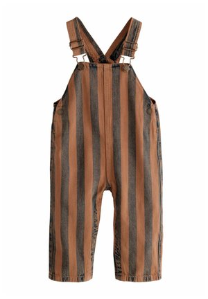 Braun- und blau gestreifte Jeanslatzhosen mit verstellbaren Trägern, Knopfdetails und einem lockeren Schnitt für Bewegungsfreiheit.