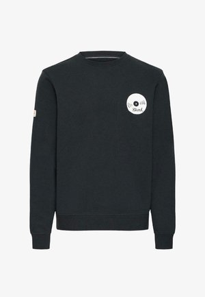 Dunkelgrauer Pullover mit langen Ärmeln, der eine runde Grafik einer Schallplatte und das Wort "Blend" in Weiß zeigt. Glatte Textur, klassisches Design.