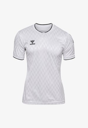 Weißes kurzärmliges Trikot aus glattem Stoff mit einem Rautenmuster. Schwarze Akzente am Ausschnitt und an den Ärmeln. Hummel-Logo auf der Brust.
