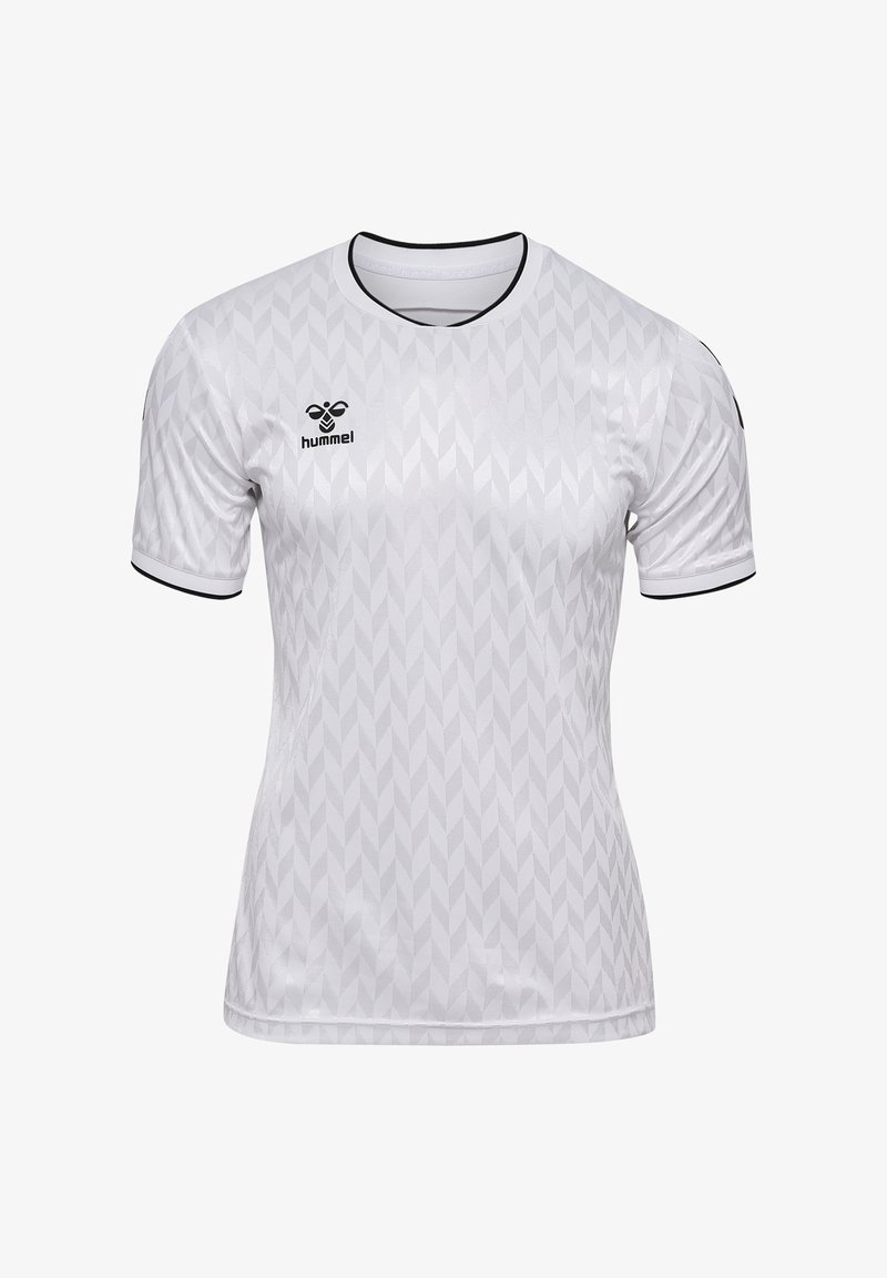 Maglietta bianca a maniche corte realizzata in tessuto morbido con un motivo a rombi. Accenti neri sul collo e sulle maniche. Logo Hummel sul petto.