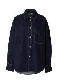 Donkerblauwe denim shirt met een kraag, lange mouwen en een borstzak. Heeft contrasterende stiksels en decoratieve knopen in zilverkleur.